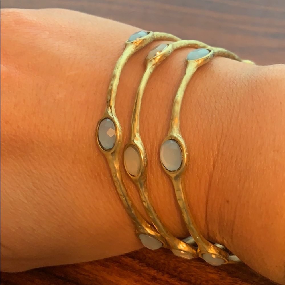 Gold tone, blue and white stone bangles.      (LA) - Picture 3 of 6